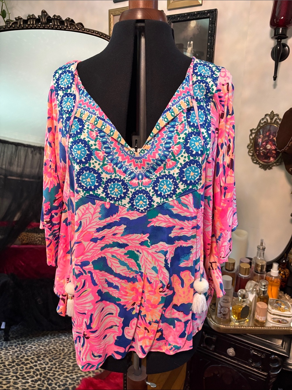 Lilly Pulitzer Pink & Blue Printed V-Neck Tunic Top